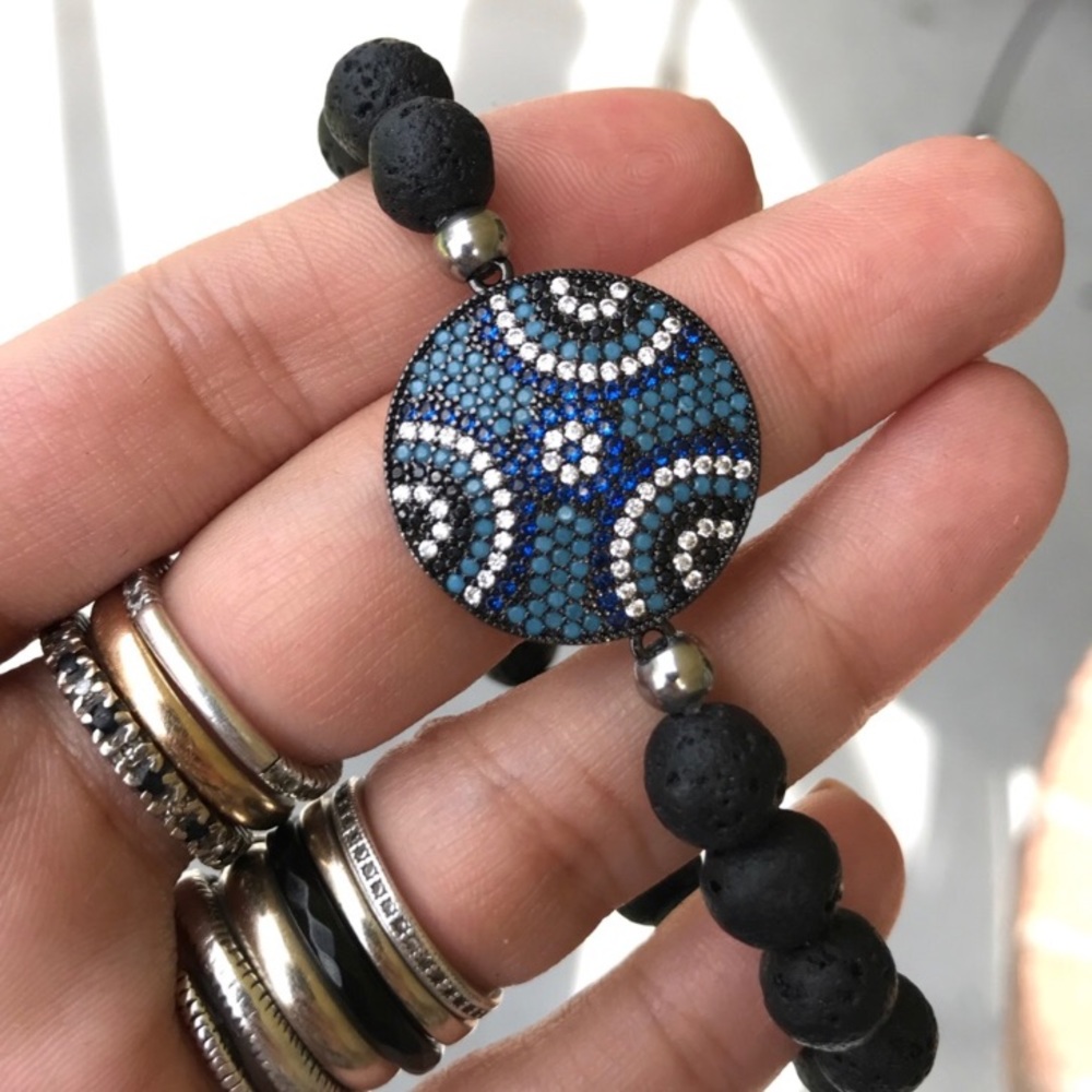 Gemstones bead bracelet .Black Lava rock oil diffuser beads cz eye charm - Picture 5 of 7